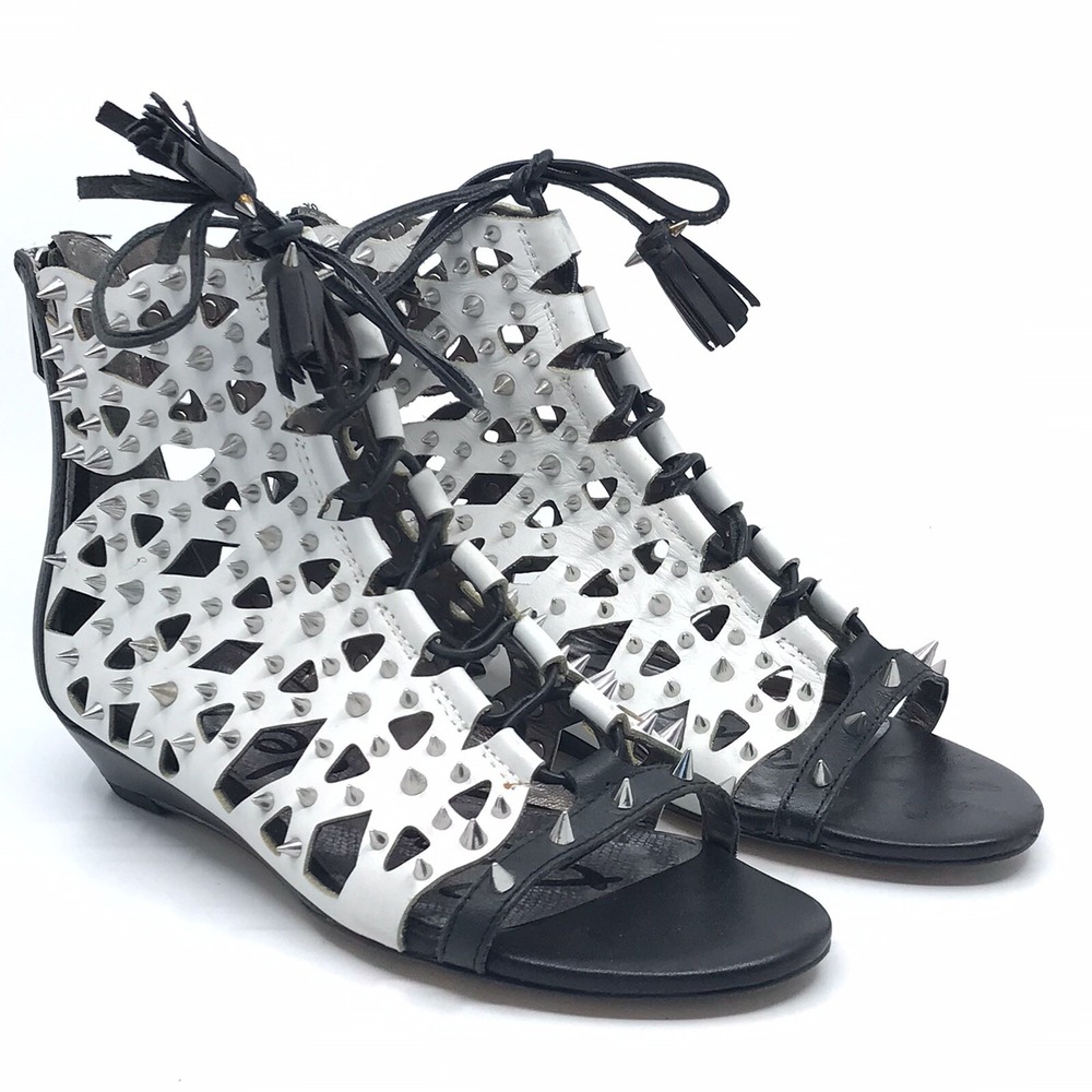 Sam Edelman White And Black Leather Studded Gladiator Sandal